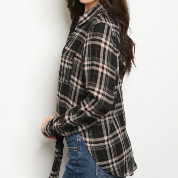 BLACK & BROWN CHECKERED FLANNEL BUTTON DOWN TOP - Picture 2 of 7
